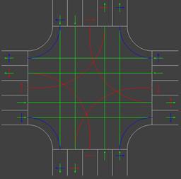 Figure 45. Screen Capture. Intersection without Right-Turn Bay. This is a screen capture of an intersection model in TEXAS. The intersection is four legged with two through lanes and one left-turn lane for all approaches to the intersection. Right turns in all approaches share a through lane. All left-turn bays are 76.25 m (250 ft) long.
