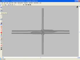 Figure 52. Screen Capture. Intersection with Leading Left Turn. This is a screen capture of an intersection model in VISSIM. The intersection is a four-legged intersection with one through lane having left- and right-turn bays in the main travel directions and one though lane on the side-street. All left-turn bays are 76.25 m (250 ft) long.