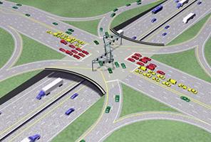 Figure 73. Screen Capture. Phase 2. This is an illustration of phase 2 of 3 traffic signal control for a single-point urban interchange. All cars on the surface street proceeding straight through or turning left onto the freeway are stopped. Cars exiting the freeway and entering the street (shown in green) are allowed to turn left.