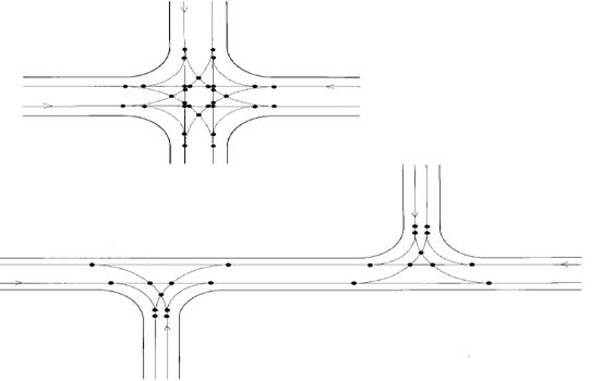 Figure 84. Illustration. Potential Conflict Points for 2 x 2-Lane Intersections. This is an illustration of potential conflicts for 2 x 2-lane intersections. There is a noticeable reduction in conflict points (from 32 to 22) by converting a cross intersection to an offset T intersection.
