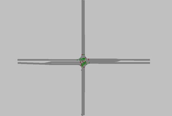 Figure 85. Screen Capture. Conventional Nonsignalized Intersection. This is a screen capture of a nonsignalized intersection model in VISSIM. All left-turn bays are 76.25 m (250 ft) long.