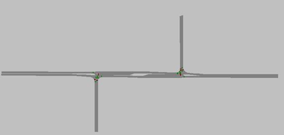 Figure 86. Screen Capture. Offset T Intersection. This is a screen capture of an offset T intersection model in VISSIM. All left-turn bays are 76.25 m (250 ft) long.
