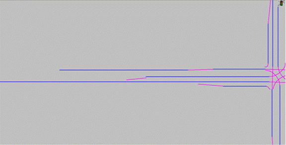 Figure 127. Screen Capture. First Taper Modeling Configuration. This is an illustration of the first taper modeling configuration in VISSIM. Blue lines indicate links while pink lines indicate connectors.