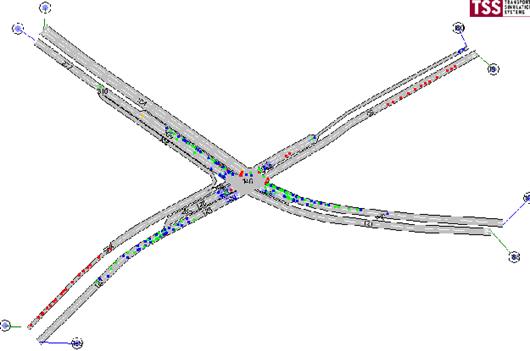 Figure 184. Screen Capture. AIMSUN Conflict Layout for AM Peak Hour of Intersection 1 (Total 271). This is a screen capture of conflicts layout in AIMSUN for the AM peak hour of intersection Briarcliff Rd & North Druid Hills Rd, Dekalb County, Atlanta, GA. There are 217 conflicts and most of the conflicts are located close to the intersection. There are some crashes within the intersection and at the entry of each link. Most of the conflicts have large TTC.
