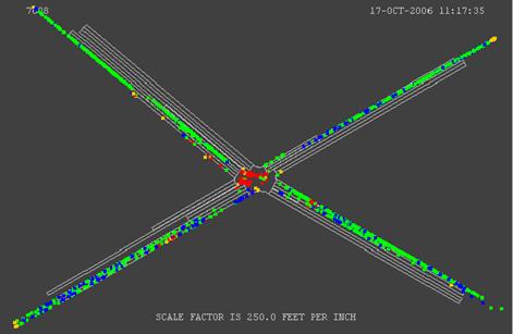 Figure 186. Screen Capture. TEXAS Conflict Layout for AM Peak Hour of Intersection 1 (Total 2,178). This is a screen capture of conflicts layout in TEXAS for the AM peak hour of intersection Briarcliff Rd & North Druid Hills Rd, Dekalb County, Atlanta, GA. There are 2,178 conflicts and they are located uniformly within the network. There are some crashes within the intersection. Most of the conflicts have large TTC.