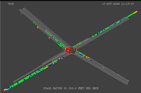Figure 190. Screen Capture. TEXAS Conflict Layout for Mid Peak Hour of Intersection 1 (Total 1,359). This is a screen capture of conflicts layout in TEXAS for the mid peak hour of intersection Briarcliff Rd & North Druid Hills Rd, Dekalb County, Atlanta, GA. There are 1,359 conflicts and most of the conflicts are located along each approach. There are many crashes within the intersection. Most of the conflicts along the links have large TTC.