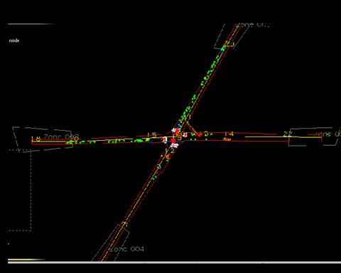 Figure 197. Screen Capture. PARAMICS Conflict Layout for AM Peak Hour of Intersection 2 (Total 565). This is a screen capture of conflicts layout in PARAMICS for the AM peak hour of intersection Roswell Road & Abernathy Road, Fulton County, Atlanta, GA. There are 565 conflicts and most of the conflicts are located on the north approach. There are some crashes within the intersection and most of the conflicts have large TTC.