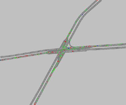 Figure 199. Screen Capture. VISSIM Conflict Layout for Mid Peak Hour of Intersection 2 (Total 215). This is a screen capture of conflicts layout in VISSIM for the mid peak hour of intersection Roswell Road & Abernathy Road, Fulton County, Atlanta, GA. There are 215 conflicts and they are located along each approach. There are many crashes along each approach.