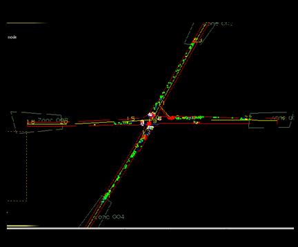 Figure 201. Screen Capture. PARAMICS Conflict Layout for Mid Peak Hour of Intersection 2 (Total 708). This is a screen capture of conflicts layout in PARAMICS for the mid peak hour of intersection Roswell Road & Abernathy Road, Fulton County, Atlanta, GA. There are 708 conflicts and most of the conflicts are located on S-N approaches. There are some crashes within the intersection and close to the intersection. Most of the conflicts have large TTC.