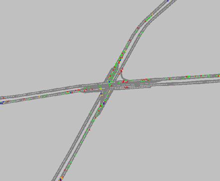 Figure 203. Screen Capture. VISSIM Conflict Layout for PM Peak Hour of Intersection 2 (Total 214). This is a screen capture of conflicts layout in VISSIM for the PM peak hour of intersection Roswell Road & Abernathy Road, Fulton County, Atlanta, GA. There are 214 conflicts and they are located along each approach. There are lots of crashes along each approach.