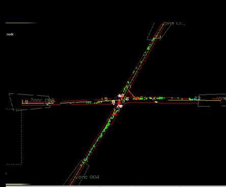 Figure 205. Screen Capture. PARAMICS Conflict Layout for PM Peak Hour of Intersection 2 (Total 485). This is a screen capture of conflicts layout in PARAMICS for the PM peak hour of intersection Roswell Road & Abernathy Road, Fulton County, Atlanta, GA. There are 485 conflicts and most of the conflicts are located on the S-N approaches. There are some crashes within the intersection. Most of the conflicts have large TTC.