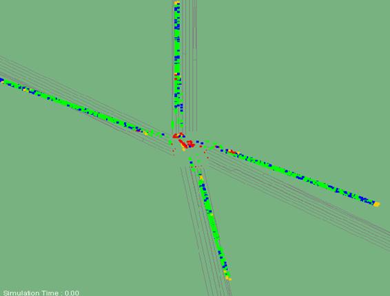Figure 206. Screen Capture. TEXAS Conflict Layout for PM Peak Hour of Intersection 2 (Total 4,652). This is a screen capture of conflicts layout in TEXAS for the PM peak hour of intersection Roswell Road & Abernathy Road, Fulton County, Atlanta, GA. There are 4,652 conflicts and most of the conflicts are evenly distributed along all approaches. There are many crashes within the intersection. Most of the conflicts have large TTC.