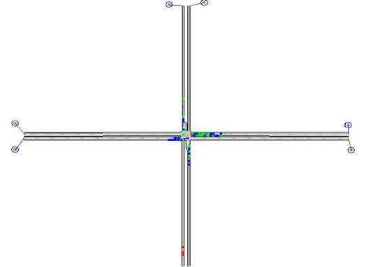 Figure 208. Screen Capture. AIMSUN Conflict Layout for AM Peak Hour of Intersection 3 (Total 128). This is a screen capture of conflicts layout in AIMSUN for the AM peak hour of intersection Lafayette Ave & Fulton Street, Grand Rapids, MI. There are 128 conflicts and they are located close to the intersection. There are some crashes on westbound approach. Most of the conflicts have larger TTC. 