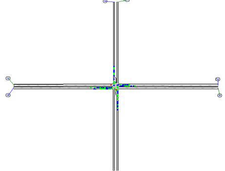 Figure 212. Screen Capture. AIMSUN Conflict Layout for PM Peak Hour of Intersection 3 (Total 184). This is a screen capture of conflicts layout in AIMSUN for the PM peak hour of intersection Lafayette Ave & Fulton Street, Grand Rapids, MI. There are 184 conflicts and they are located close to the intersection. There are a few crashes within the intersection. Most of the conflicts have larger TTC. 