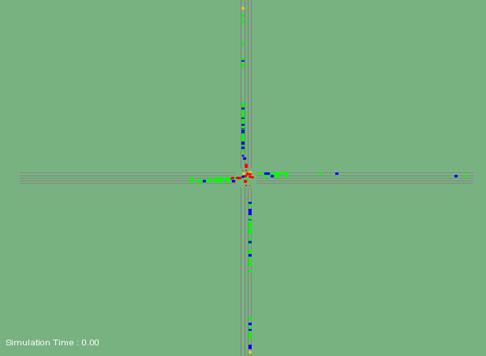 Figure 214. Screen Capture. TEXAS Conflict Layout for PM Peak Hour of Intersection 3 (Total 182). This is a screen capture of conflicts layout in TEXAS for the PM peak hour of intersection Lafayette Ave & Fulton Street, Grand Rapids, MI. There are 182 conflicts and they are located close to the intersection along each approach. There are some crashes within the intersection. Most of the conflicts have large TTC.