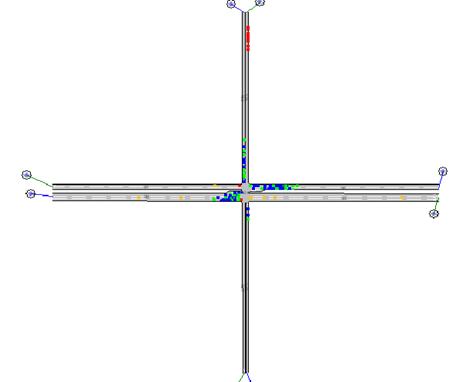 Figure 216. Screen Capture. AIMSUN Conflict Layout for AM Peak Hour of Intersection 4 (Total 143). This is a screen capture of conflicts layout in AIMSUN for the AM peak hour of intersection Ryan Ave & Davison Ave, Detroit, MI. There are 143 conflicts and they are located close to the intersection. There are some crashes at the exit of southbound approach. Most of the conflicts have large TTC.