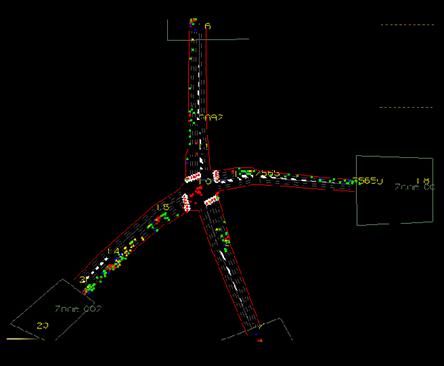 Figure 229. Screen Capture. PARAMICS Conflict Layout for PM Peak Hour of Intersection 5 (Total 389). This is a screen capture of conflicts layout in PARAMICS for the PM peak hour of intersection Howe Ave & Fair Oaks Boulevard, Sacramento, CA. There are 389 conflicts and they are located along each approach. There are lots of crashes within the intersection. Most of the conflicts have large TTC.