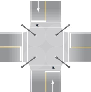 Figure 13. Drawing. Traditional intersection lighting layout. The drawing illustrates a plan view of a typical cross-type intersection of two two-lane, two-way roads with four luminaires, one on each approach. The luminaires are mounted so as to be located downstream of the stop bar on each approach and in a position that will result in a pedestrian being observed in negative contrast. 
