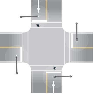 Figure 14. Drawing. New design for intersection lighting layout for crosswalks. The drawing illustrates a plan view of a typical cross-type intersection of two two-lane, two-way roads with four luminaires, one on each approach. In this instance, the luminaires are mounted so as to be located upstream of the stop bar on each approach and in a position that will result in a pedestrian being observed in positive contrast by approaching vehicles. 