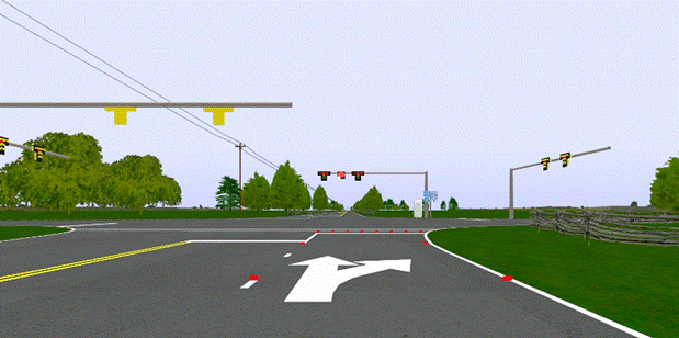 This is a screen capture from the driving simulation. It shows an intersection with the Condition 3 warnings activated. On the far side of the intersection, the mast arm that is shown in figure 1 can be seen. On the near side of the intersection are four red rectangles that were intended to look like illuminated red LEDs. Two of these rectangles are on the right roadway edgeline about 8 and 16 m (27 and 52 ft) from the stop line. Another two of these rectangles are along the left edgeline or the right lane, also at 8 and 16 m (27 and 52 ft) from the stop line. Eight red rectangles, also simulating LEDs, are equally spaced along the far side of the stop line of the right lane.