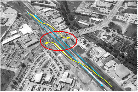 An aerial  photograph of the DLT in Baton Rouge, LA, is shown. Lines are overlaid on the photograph to show the path that vehicles on US 61 take to make a left turn. In both northbound and southbound directions, left-turning traffic is shown to cross over the opposing through lanes to the left side of the road well before it reaches the main intersection. Although traffic signals control the crossings, the photograph is taken from a high altitude, and the signals cannot be seen.