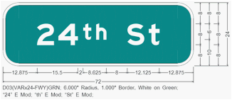 Figure 3. Chart. Example of an advance street name sign in Arizona. This diagram shows an example of an advance street name sign in Arizona. The sign is rectangular in shape and green with a white border and white text. The dimensions of the sign are 1,828.8 mm (72 inches) by 609.6 mm (24 inches) and has 203.2-mm (8-inch) white lettering with a green background. The sign says, “24th St.” Measurements for the sign are also shown below and on the right side in inches. The measurements along the bottom span the sign and read, “12.875, 15.5, 2, 8.625, 8, 12.125, and 12.875.” These correspond to the following measurements in mm: 327.0, 393.7, 50.8, 219.1, 308.0, and 327.0. There is a measurement under the previous measurements, 72, which indicates the total width of the sign in inches and corresponds to 1,828.8 mm. The next line of text reads “D03(Varx24-FWY)GRN. 6.000” Radius (152.4 mm), 1.000” (25.4 mm) Border, White on Green.” The bottom line of text reads, “‘24’ E Mod, ‘th’ E Mod, ‘St’ E Mod.” The measurements along the right side of the sign indicate its height. From left to right, the measurements are listed in four rows: (1) 8–8–8, (2) 10–6–8, (3) 8–8–8, and (4) 24. These correspond to the following measurements in mm: (1) 203.2–203.2–203.2, (2) 254.0–152.4–203.2, (3) 203.2–203.2–203.2, and (4) 609.6. The final measurement, 24, indicates the total height of the sign in inches and corresponds to 609.6 mm.