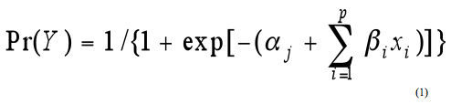 Equation 1. Probability of an event (Y) occurring. The probability of an event (Y) occurring is equal to 1 divided by the sum of 1 plus part 1, where part 1 equals the exponential function of negative alpha minus the sum of the quantity beta sub i times x sub i over all unmatched variables from variable i equals 1 to p.