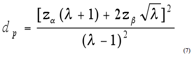 Equation 7. Crashes per year. Crashes per year equals alpha times the quantity of AADT superscript bEquation 7. Number of discordant pairs, d sub p. The number of discordant pairs, d sub p, equals the numerator squared divided by the denominator squared, where the numerator equals the quantity of z sub alpha times the sum of lambda plus 1 plus the quantity of 2 times z sub beta times the square root of lambda, and the denominator equals lambda minus 1.