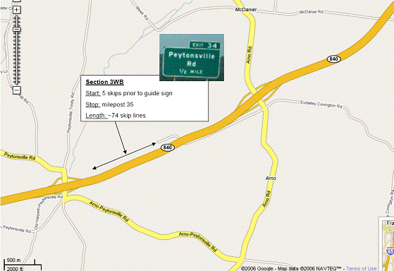 Figure 31.  Illustration.  Test section 3.  A local map shows test section 3 along State Route 840 near Nashville, TN.  The section description indicates that section 3 westbound (WB) starts at 5 skips prior to guide sign (guide sign reads Exit 34, Peytonsville Road, 1/2 mile), stops at milepost 35, and includes approximately 74 skip lines.