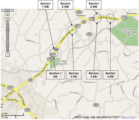 Figure 34.  Illustration.  Proposed pavement marking installation sites.  A regional map shows a section of State Route 34 in Tennessee between Highway 321 to the southwest and the Davey Crockett Birthplace State Park to the northeast.  The diagram indicates the proposed locations of the pavement marking installations.  The sections show section 1 eastbound (EB), section 2 EB, section 3 EB, section 4 EB, section 1 westbound (WB), section 2 WB, and section 3 WB.  For a given section number, the EB and WB installations are along the same section of the highway.