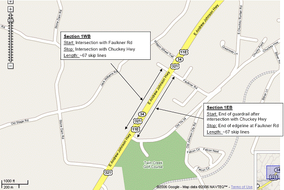 Figure 35.  Illustration.  Test section 1.  The section descriptions show that section 1 eastbound starts at the end of the guardrail after the intersection with Chuckey Highway, stops at the end of the edge line at Faulkner Road, and includes approximately 67 skip lines; section 1 westbound starts at the intersection with Faulkner Road, stops at the intersection with Chuckey Highway, and includes approximately 67 skip lines.