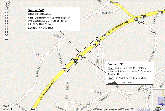 Figure 36.  Illustration.  Test section 2.  The section descriptions show that section 2 eastbound starts at the entrance to the U.S. Post Office after the intersection with South Chuckey Ruritan Road, stops at the point of curvature for a right curve with guardrail, and includes approximately 67 skip lines; section 2 westbound starts at the point of treatment (left curve), stops at the beginning of the guardrail prior to intersection with Old State Road (South Chuckey Ruritan Road), and includes approximately 67 skip lines.