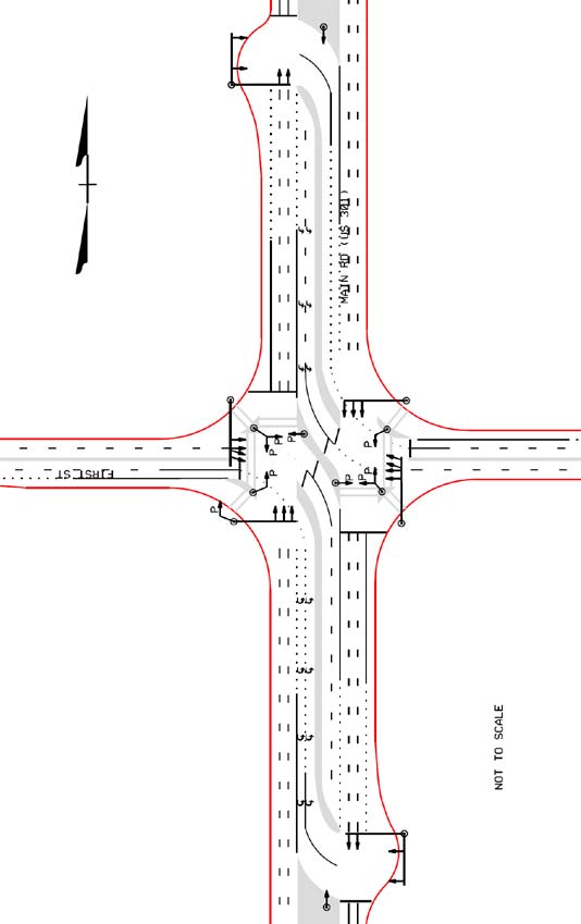 The illustration has arrows indicating possible signal pole and mast arm locations for a restricted crossing U-turn (RCUT) intersection.