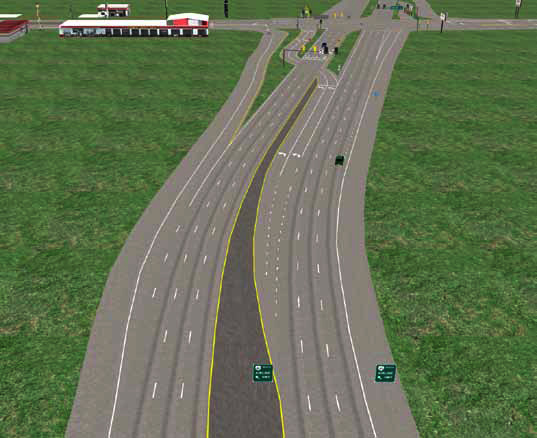 The illustration shows a left-turn crossover movement view in a displaced left-turn (DLT) intersection driver simulator.