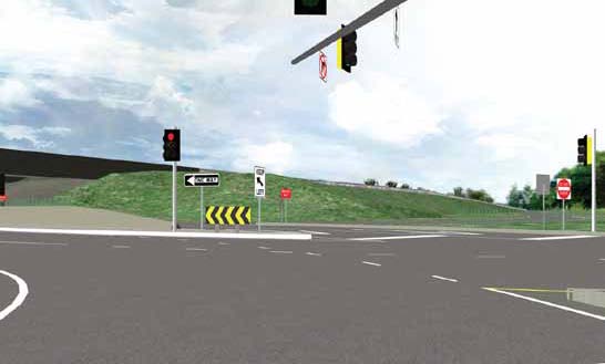 The illustration shows "Wrong Way" and "One Way" signs proposed for the double cross diamond (DCD) interchange in Kansas City, MO.