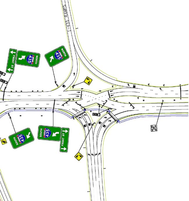 The illustration shows a double cross diamond (DCD) interchange signing and marking plan derived from Missouri practice on the east end. It depicts different signs and arrows identifying location of signs along Northbound I-435, Southbound I-435, and Front Street.
