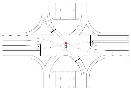 The illustration shows a single-point urban interchange (SPUI) configuration.