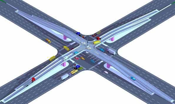 The illustration shows a center turn overpass (CTO) interchange configuration.