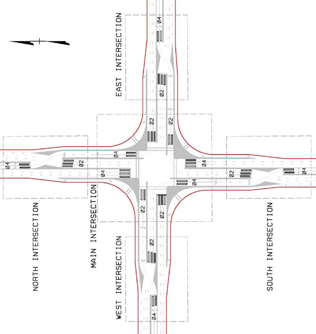 The illustration depicts possible detector placement locations for displaced left-turn (DLT) intersections with five separate controllers.