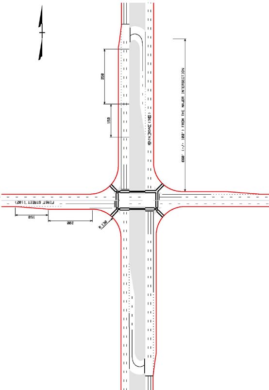 The illustration provides an example of a median U-turn (MUT) intersection.