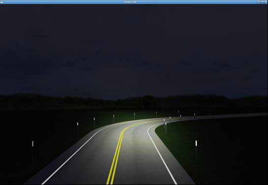 Both sides PMDs condition. The figure depicts a simulator screenshot of the both sides post-mounted delineators (PMDs) curve condition. It shows a right-hand curve on a rural road at night under automobile headlight illumination. The road has a double yellow centerline pavement marking and two white edge line pavement markings, one on each side of the road. There are also two rows of standard PMDs, one along each side of the roadway. All five roadway delineation treatments follow the curve.