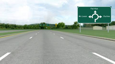Figure 2. Screenshot. Guide sign located upstream of the circular roadway. This screenshot shows a three-lane road from the driver’s point of view in the highway driving simulator. All three lanes have traffic in the same direction away from the viewer, which is indicated by a solid yellow edge line to the left of the left lane and a solid white edge line to the right of the right lane. There is a large diagrammatic guide sign off of the right side of the roadway. The sign is green with a white symbol and white lettering. The symbol is a ring with a gap at the lower left. Arrows extend from the ring on the left, top, and right sides. At the end of the right side is the word “Dulles.” Above the top arrow is the word “Fairfax.” At the end of the arrow on the left is the word “McLean.” The arrows represent the three exit legs of the roundabout. A line connects to the bottom of the ring, and that line represents the current road.