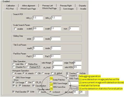 This figure shows the pedestrian classifier (PC) interface. There are circled options that indicate the following classifier debugging options: (1) save detected image patches to a file, (2) save the current image with detection boxes, and (3) save detection statistics to a file.