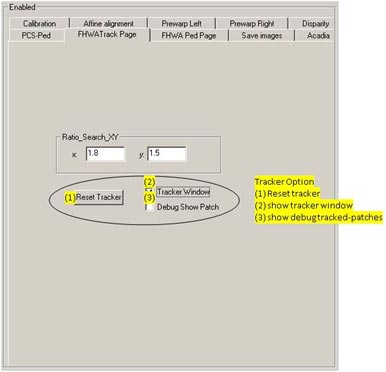 This figure shows the pedestrian classifier interface. The circled options indicate to the following: (1) reset the tracker, (2) display the tracker window, and (3) display the tracked patches for debugging purposes.