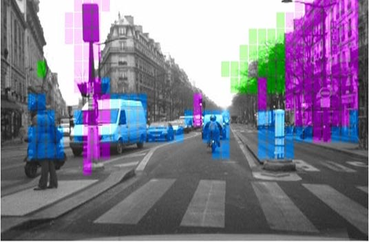 This photo shows a structure classifier (SC) in an urban environment. Tall vertical structures are magenta and green, while pedestrian candidates are blue. The classifier does not reject the person on the motorcycle or the light post on the median.