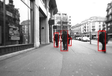 This photo shows pedestrians walking on a sidewalk next to a building ahead of a vehicle. They are detected by the appearance classifier by red bounding boxes.