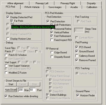 This figure shows a screenshot of the pedestrian detection (PD) interface. There is a cursor arrow that indicates the selection option to display all the pedestrian candidates 82 ft (25 m) away from the vehicle detected by the system prior to classification.
