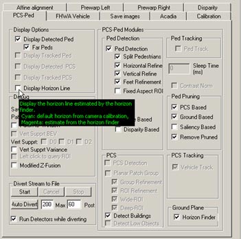 This figure shows a screenshot of the pedestrian detection (PD) interface. There is a cursor arrow that indicates the selection option to display the horizon line estimated by the system. This option is a byproduct of the ground plane estimator.