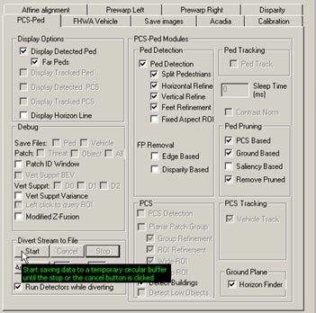 This figure shows a screenshot of the pedestrian detection (PD) interface. There is a cursor arrow that indicates the selection option to capture stereo data for temporary storage in the personal computer.