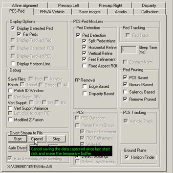 This figure shows a screenshot of the pedestrian detection (PD) interface. There is a cursor arrow that indicates the selection option to cancel saving of stereo data and clear the temporary store in the personal computer.